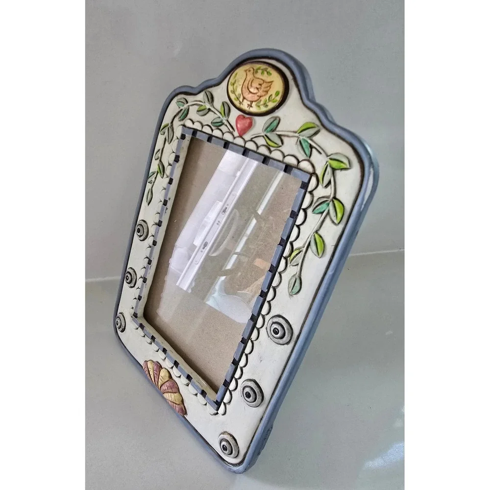 Transland‎ Vintage Folk Art Bird and Heart Resin Picture Frame Blue Cream 4x6